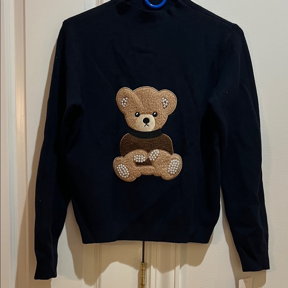 Navy Blue Sweater with pearl Teddy Bear Design
